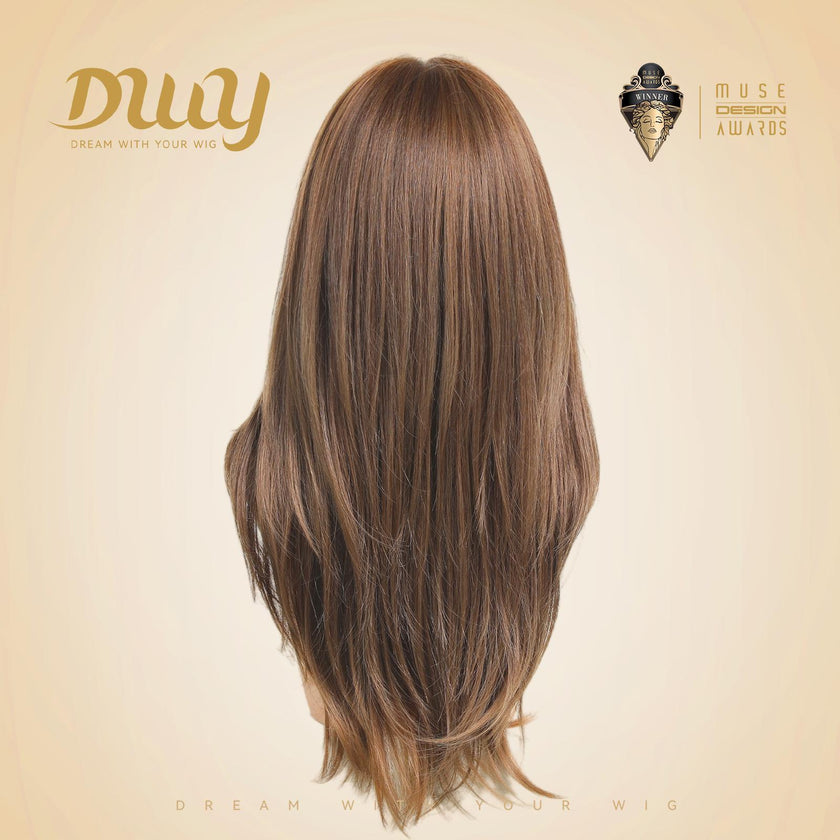 Biscuit NEW CRAFT! [GEN4 cashmere Bionic Silky Top] 22 Inch Long Warm Chestnut Brown Glueless Synthetic Wig with Bangs for Women High Quality soft texture Easy Wear Comfortable Fit