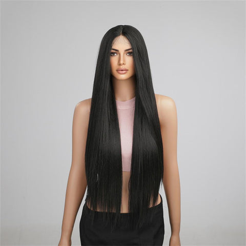 [Adr] DWY 30 inch Lace Front Wigs for Black Women Silk Straight Natural Synthetic Wigs Middle Parting T Part Lace Wig HC11038-1