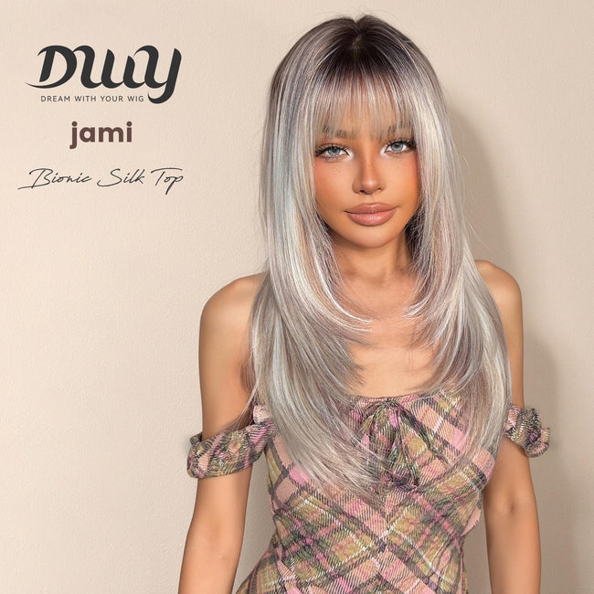 Jami - New! DWY Bionic Silk Top Bronde Balayage Long Layered Cut Glueless Synthetic Wig with Bangs 22 Inch