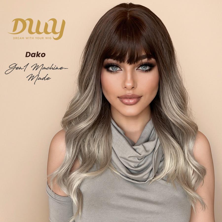 【CLEARANCE SALE】Dako DWY Machine Made Long length Wavy Hairstyle Ash Brown Glueless Synthetic Wig for Women 28 Inches Silky Straight Wig, Glueless Wigs