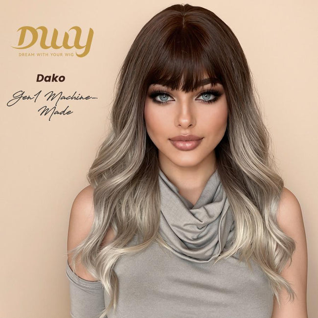 【CLEARANCE SALE】Dako DWY Machine Made Long length Wavy Hairstyle Ash Brown Glueless Synthetic Wig for Women 28 Inches Silky Straight Wig, Glueless Wigs