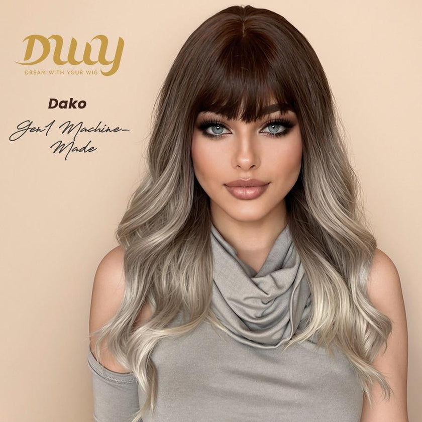 【CLEARANCE SALE】Dako DWY Machine Made Long length Wavy Hairstyle Ash Brown Glueless Synthetic Wig for Women 28 Inches Silky Straight Wig, Glueless Wigs