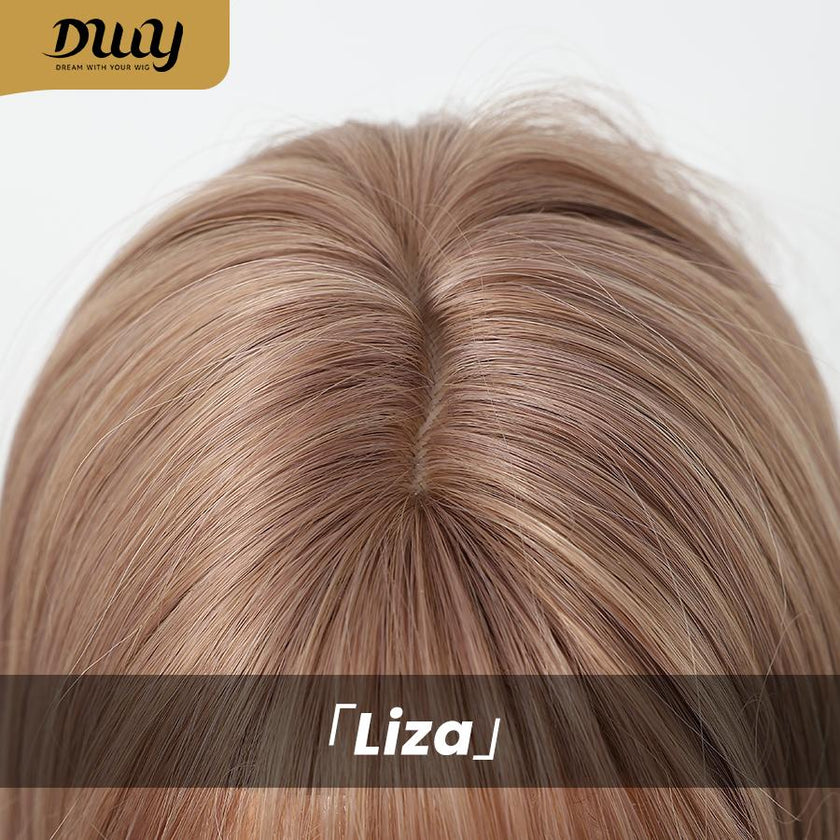 Liza H-DWY Mid-Length Straight Pink Bionde with Bangs Glueless Synthetic Wig for Women 24 Inches Snug Fit Wig Loose Wave Wigs