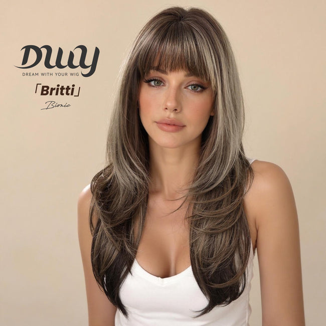 Riley- New! DWY Bionic Silk Top 26-Inch Long Body Wave Layer-cut Brown Balayage Glueless Synthetic Wig with Bangs for Women High-Quality Premium Fiber Easy Wear Comfortable Fit Summer Look