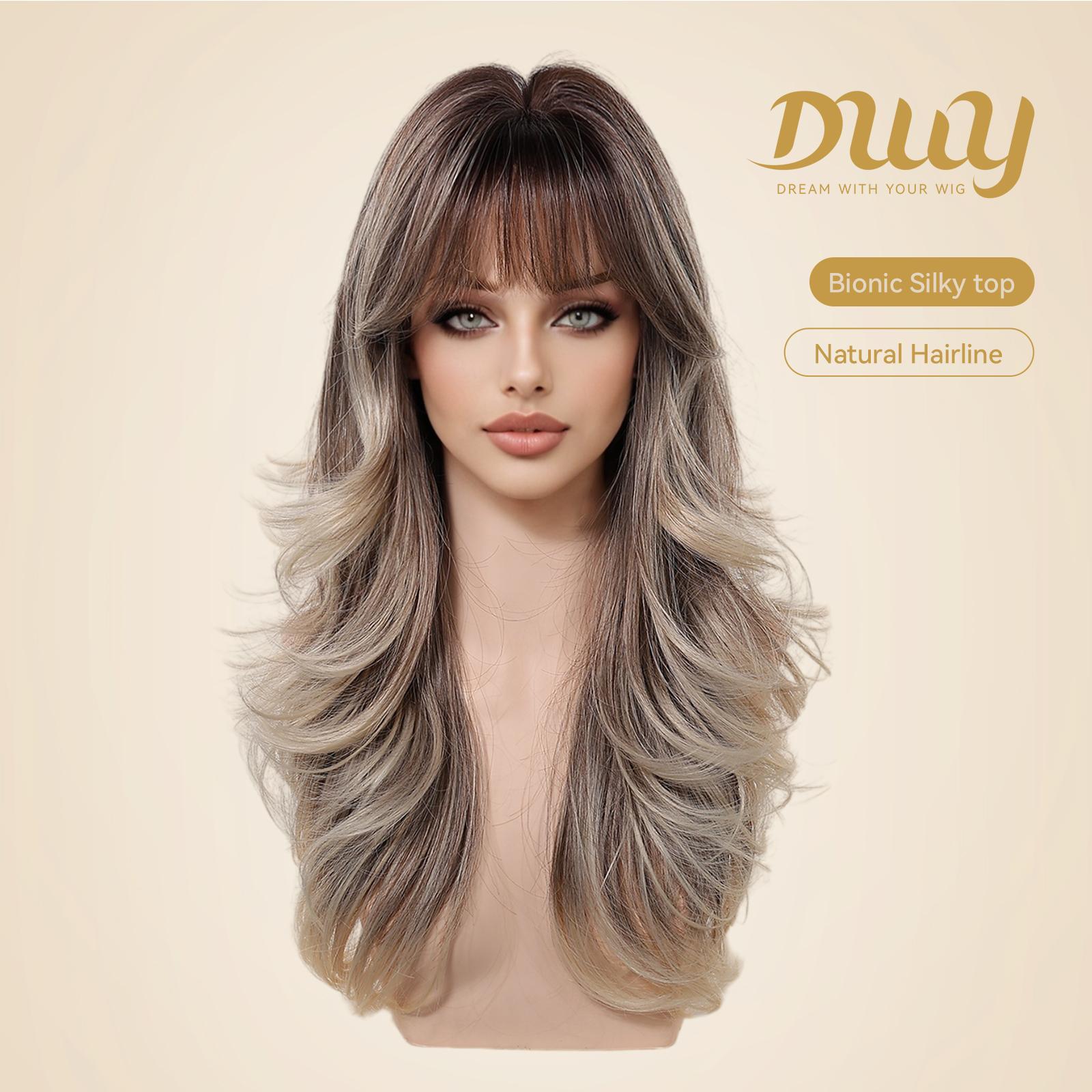 A female mannequin head displays the DWY long, layered synthetic wig with bangs in highlighted brown and blonde. Text indicates 'Bionic Silky top' and 'Natural Hairline'.
