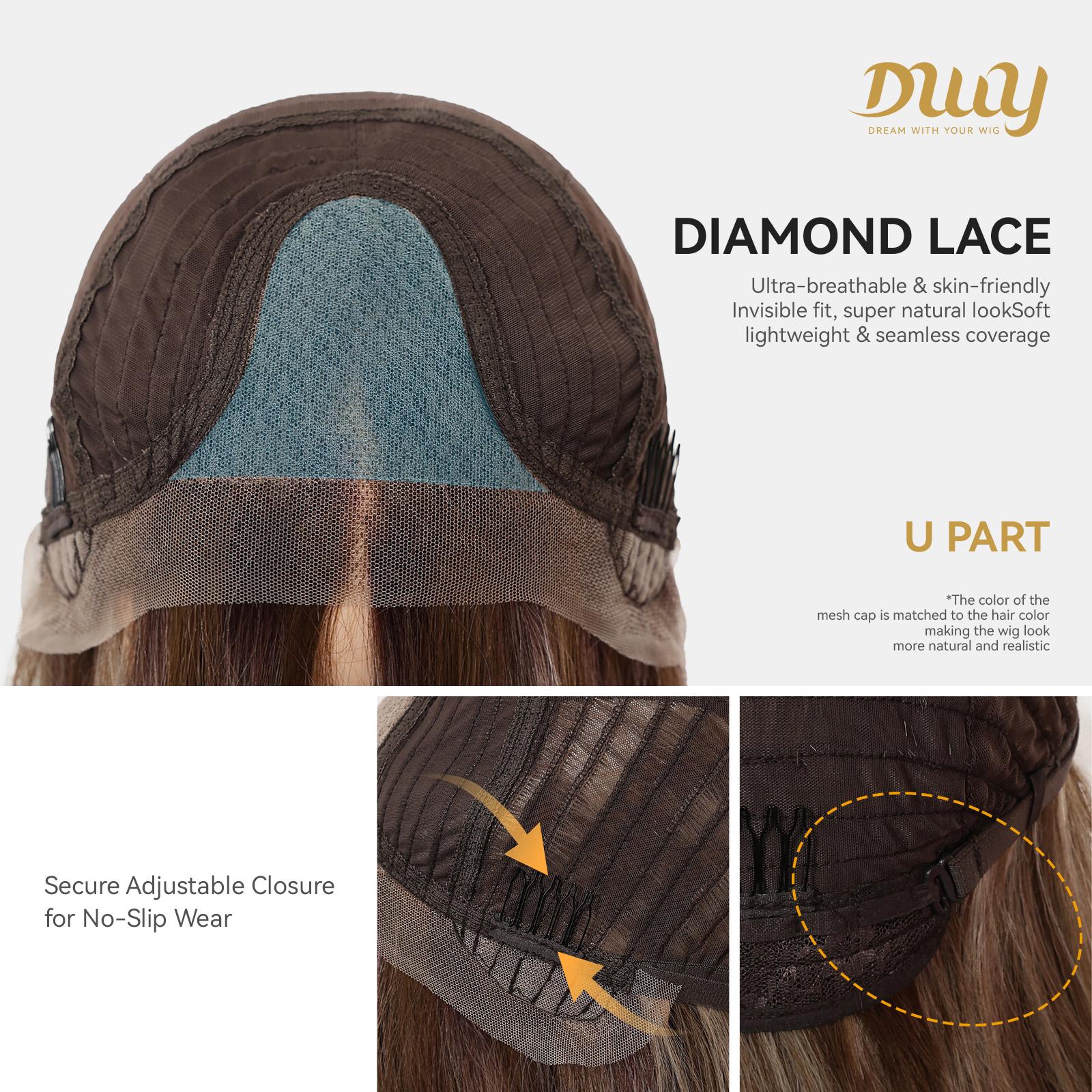Halzey-DWY Pre cut U part Diamond Lace Icy Bronde Highlights Scandi Hairline BOB Glueless Synthetic Wig 15 Inch