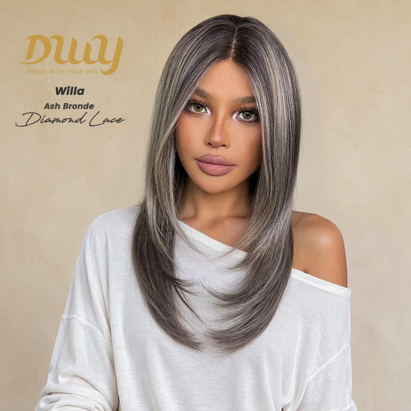 Willa- Hot! DWY Pre-cut U part Diamond Lace Long-length Lace Icy Bronde Highlighted Layer-cut Curly Hair Glueless Synthetic Wigs for Women 22 Inch