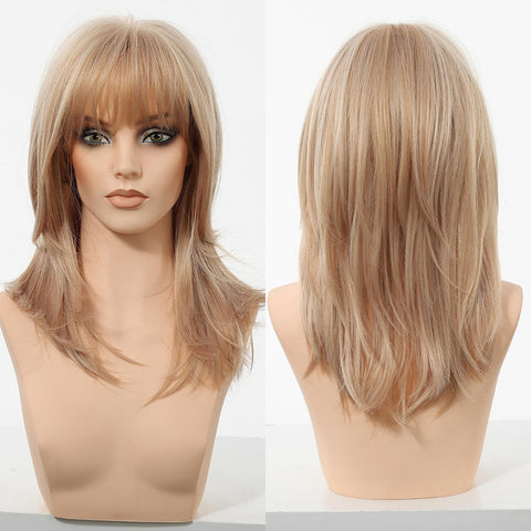 【New in】Ember- 18-Inch MiraScalp Mid-Length Straight Grey Black Wig with Highlights and Bangs