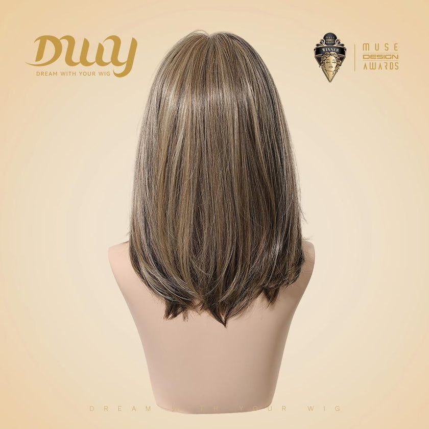 Andie-NEW! DWY Mono Lace Front Free Part Dark Ash Brown Layered Lob Glueless Synthetic Wig for Women 14 Inches
