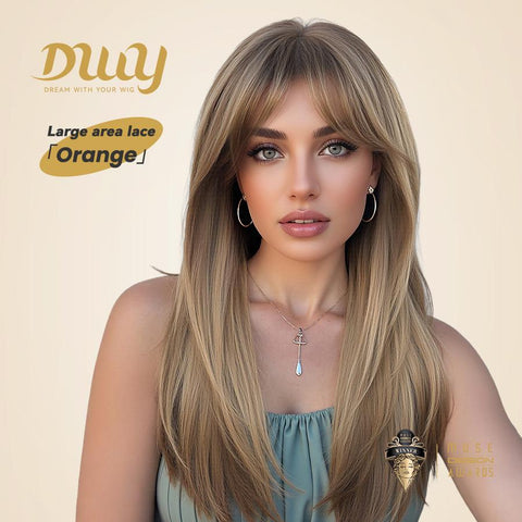 Orange- 24-Inch Long-Length Straight Layer-Cuts Wig with Bangs - Glueless Synthetic Wig