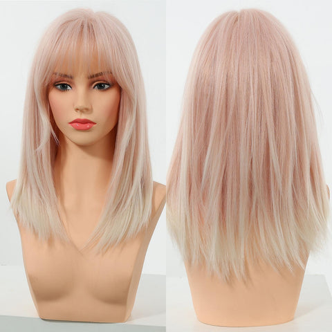 【New in】Zinnia - 16-Inch Tea Brown Mid-Length Layered Straight Wig with Bangs - Glueless Synthetic Hair