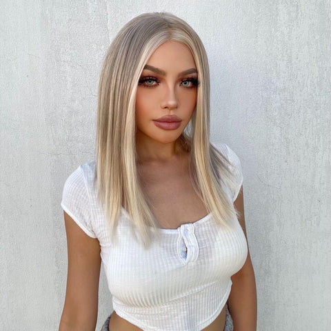 [*Gwen]DWY Ash Blonde White Balayage Highlights BOB 12 inch Wig Straight Lace Front Wigs BL66217-1