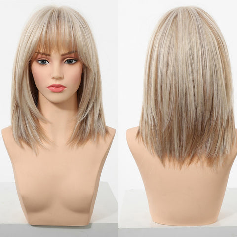 【New in】Magnolia- 14-Inch Short Platinum Blonde Bob Wig with Bangs - Glueless Synthetic Hair for Women