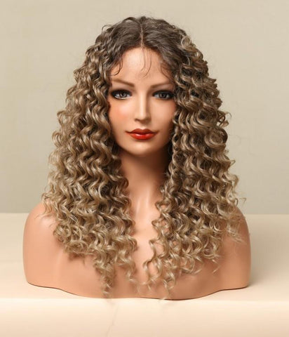 [*Valentina]【Lace Front】DWY Kinky Curly Ash Brown With Brown Roots T Frontal Synthetic Wig Natural Daily Party For Women BL66053-1