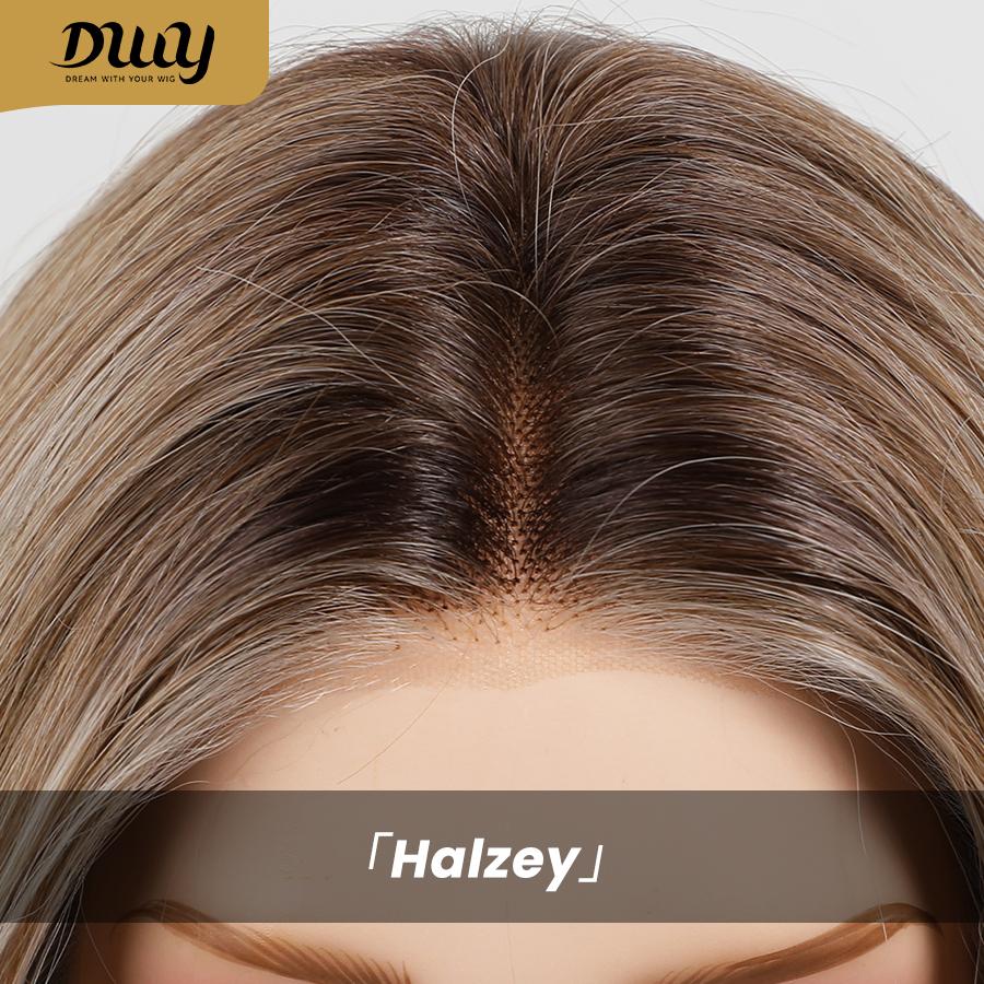 Halzey-DWY Pre cut U part Diamond Lace Icy Bronde Highlights Scandi Hairline BOB Glueless Synthetic Wig 15 Inch