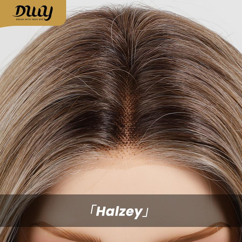 Halzey-DWY Pre cut U part Diamond Lace Icy Bronde Highlights Scandi Hairline BOB Glueless Synthetic Wig 15 Inch