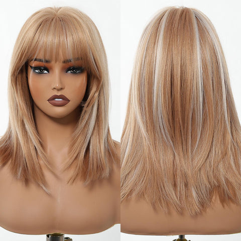 Elysia-DWY 16-Inch Brown Layered Wig with Highlights and Air Bangs - Glueless Synthetic for Women