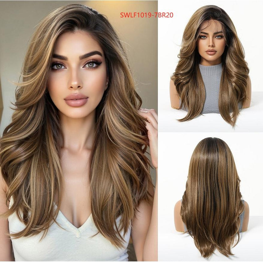 Tilly - DWY 13x6 Filter Lace Front Free Part Medium-Length Wavy Brown Black Wig with Dark Roots