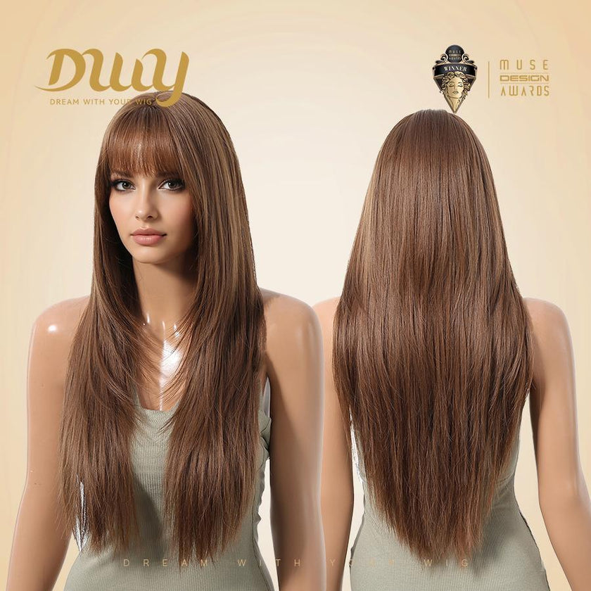 Liza H-DWY Mid-Length Straight Pink Bionde with Bangs Glueless Synthetic Wig for Women 24 Inches Snug Fit Wig Loose Wave Wigs