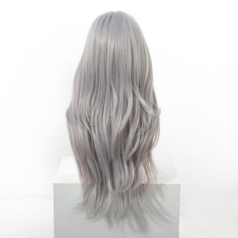 Caroline- 26-Inch Long-Length Body Wave Silver Grey Wig with Glueless Large Area Simulated Scalp
