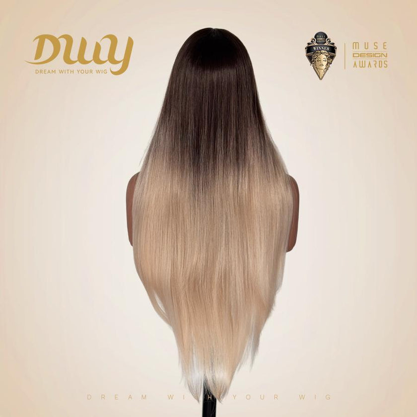【CLEARANCE SALE】Jlo-DWY Machine Made Long length Straight Platinum Blonde Ombre Hairstyle Glueless Synthetic Wig for Women 28 Inches Silky Straight Wig, Glueless Wigs