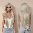Front and back views of the same woman modeling a long, platinum blonde DWY wig with subtle layers. On the left, she faces forward; on the right, showing the back of the hair. She wears a cream lace-trimmed camisole and grey sweatpants. The DWY logo is in the bottom right.