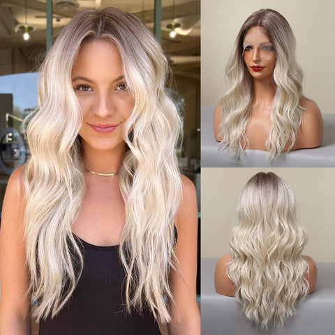 [*SuSu]【Free Part】【Lace Front】DWY Mid-Length Curly Platinum Blonde With Dark Roots Ombre Synthetic Wig Women Daily Use BL66229-1