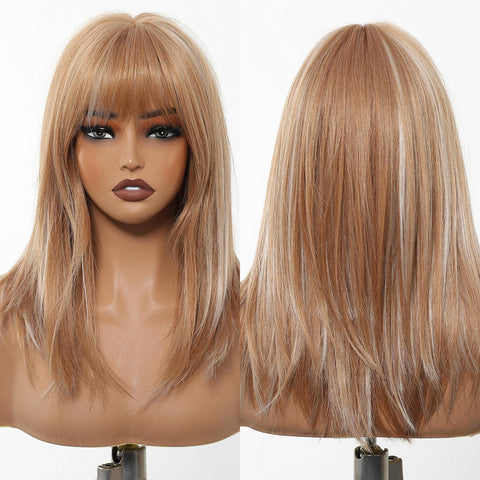 【New in】Zinnia - 16-Inch Tea Brown Mid-Length Layered Straight Wig with Bangs - Glueless Synthetic Hair