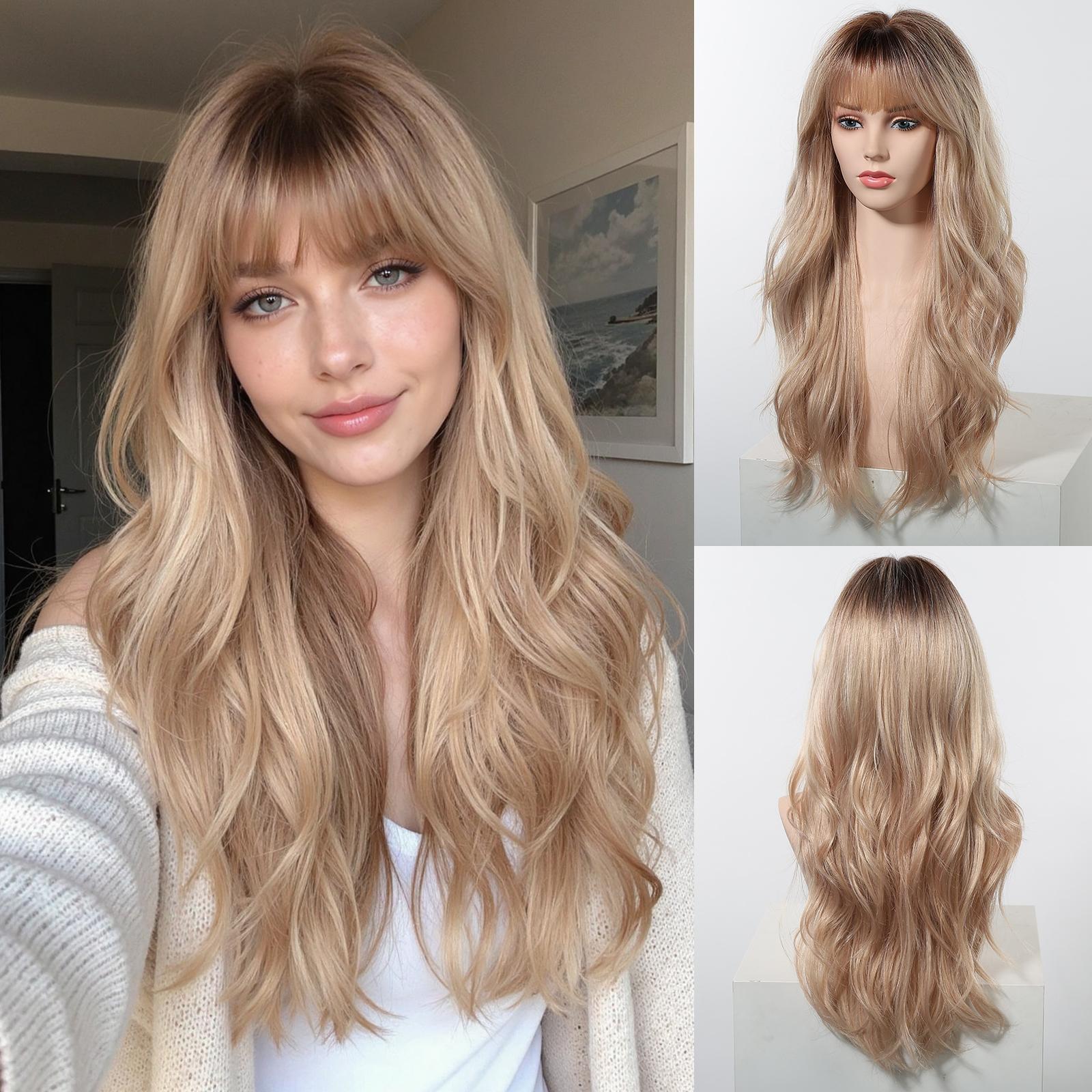 A three-panel product image. On the left, a smiling woman models a long, wavy, honey-blonde wig with dark roots and wispy bangs. She wears a white top and a textured cream cardigan. The top right panel shows a front view of the same wig on a mannequin head, and the bottom right panel shows the back view of the wig. The overall impression is natural and stylish.