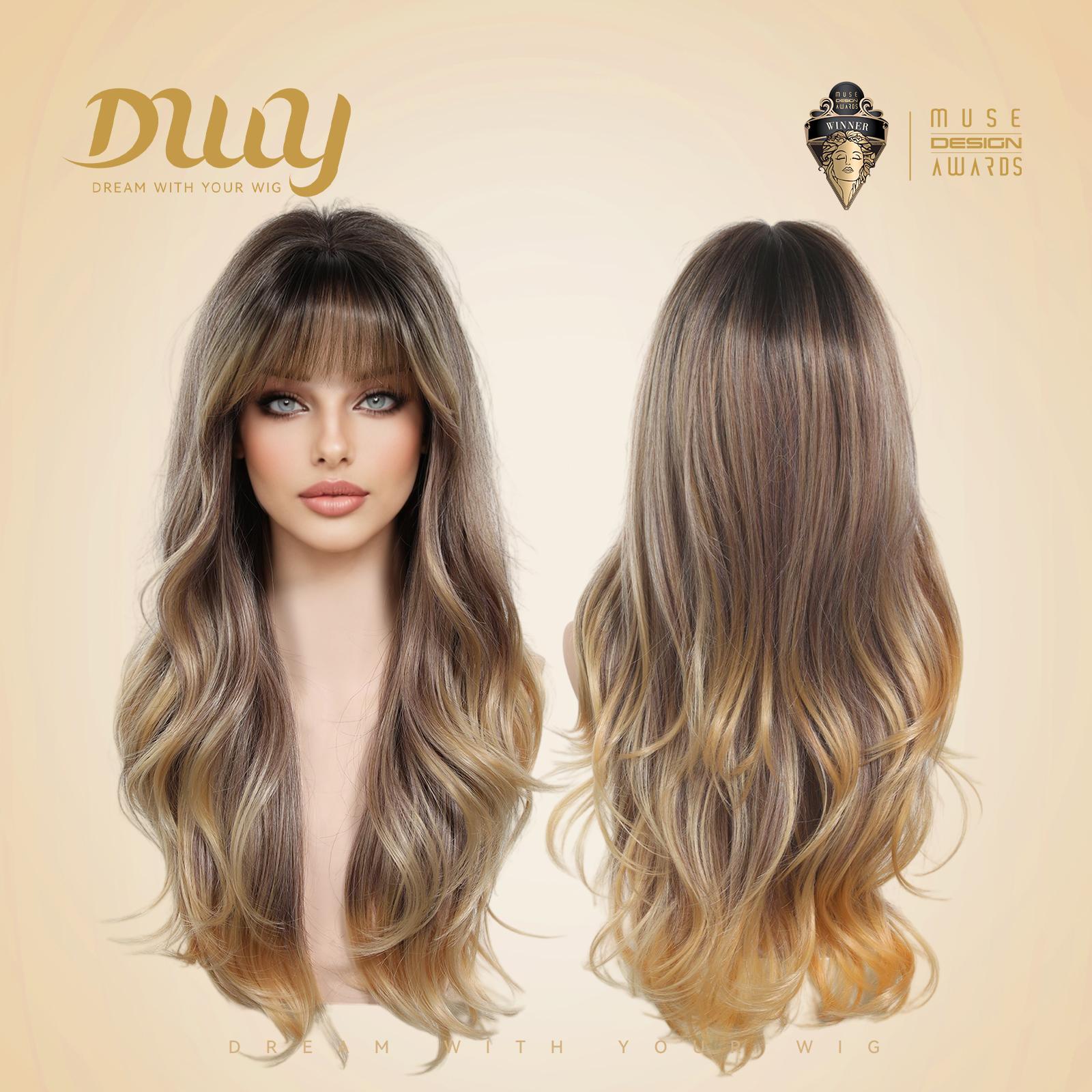 Dual-view display showing both the front and back of the DWY 'Brulee' wig alongside the Muse Design Awards badge.