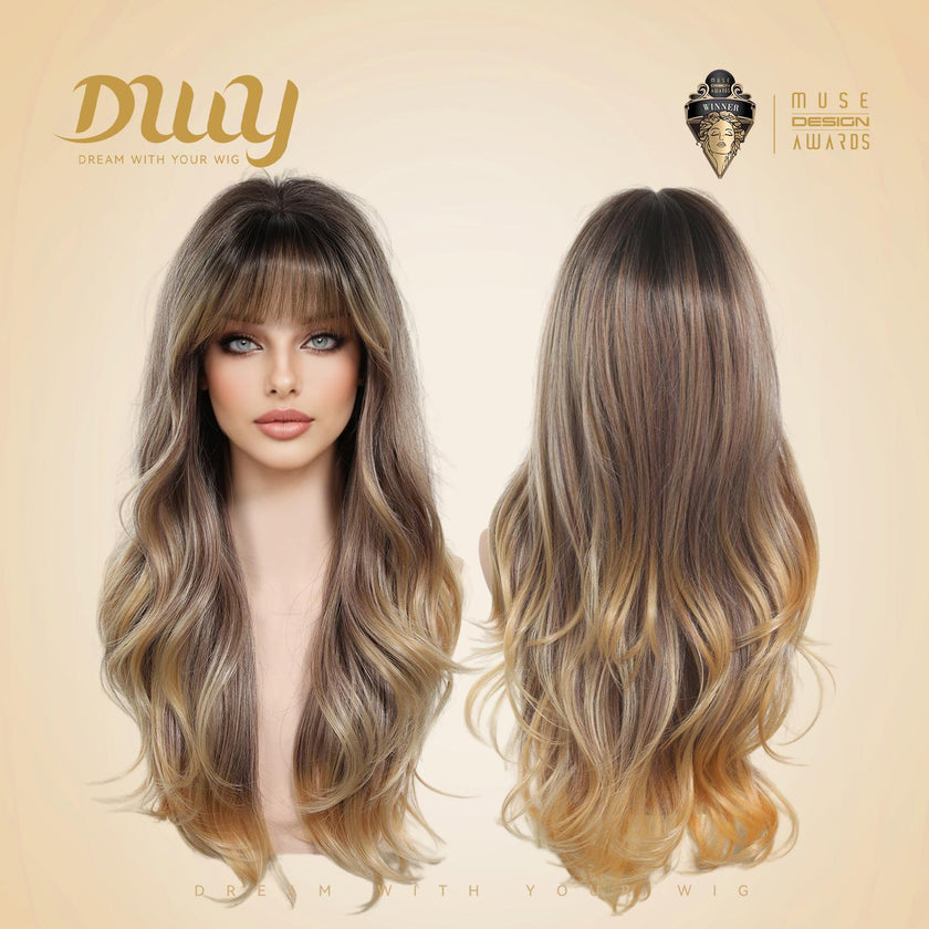 Brulee -NEW CRAFT! [GEN4 cashmere Bionic Silky Top] 24 Inch Long Warm Honey Bronde Wave Glueless Synthetic Wig with Bangs for Women High Quality Premium Fiber Easy Wear Comfortable Fit