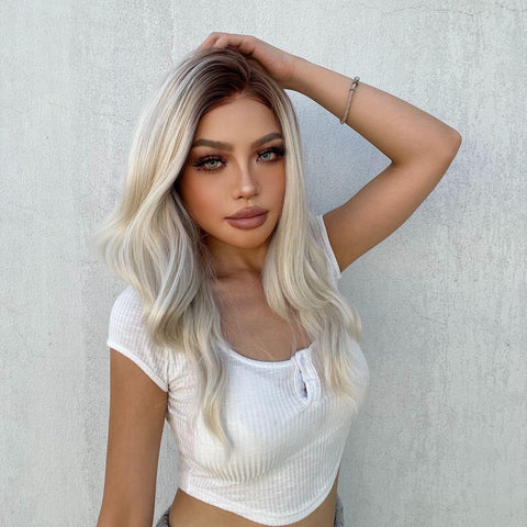 [*SuSu]【Free Part】【Lace Front】DWY Mid-Length Curly Platinum Blonde With Dark Roots Ombre Synthetic Wig Women Daily Use BL66229-1