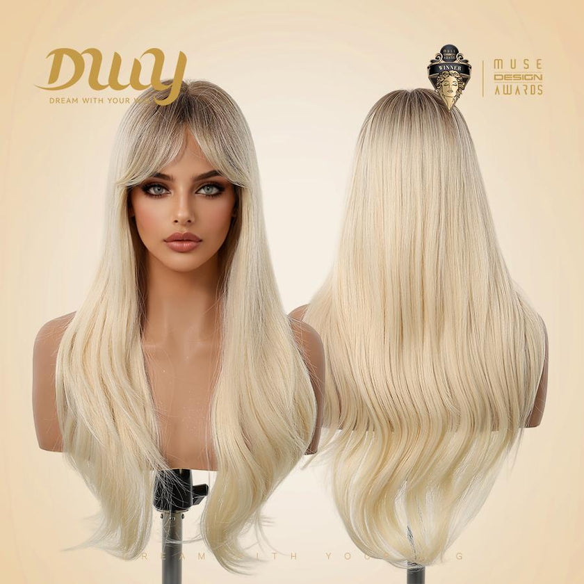 【CLEARANCE SALE】Barbara DWY Machine Made Long length Wavy Hairstyle Light Blonde Glueless Synthetic Wig for Women 28 Inches Glueless Wigs