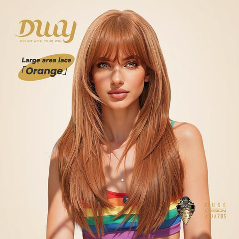 Orange- 24-Inch Long-Length Straight Layer-Cuts Wig with Bangs - Glueless Synthetic Wig