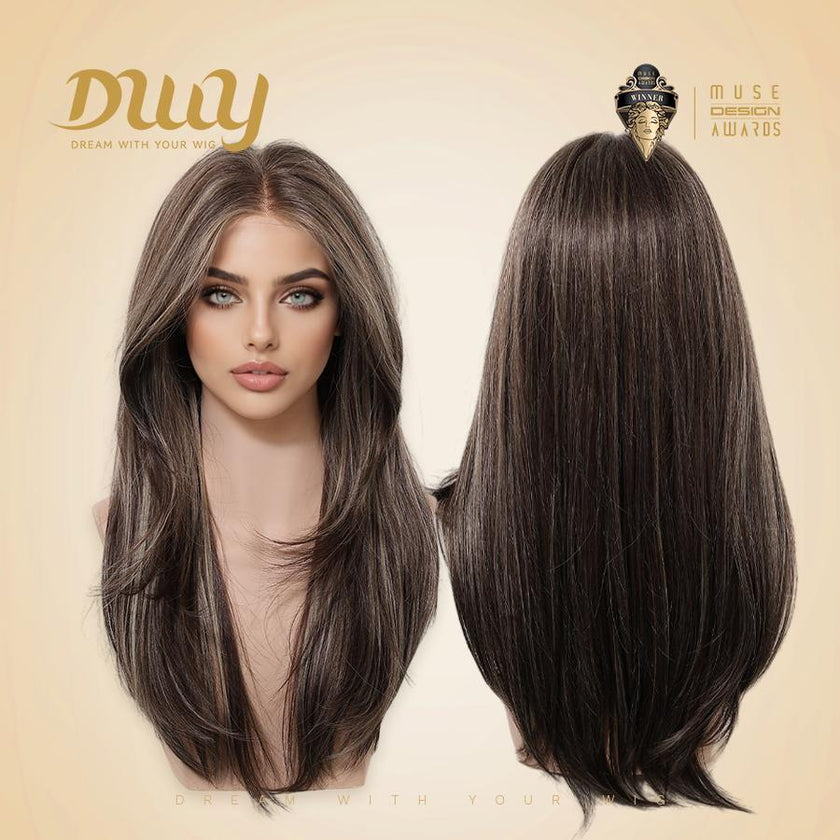 Rooney -DWY Pre-cut U part Diamond Lace Mid length Cool Mushroom Brown Highlights Scandi Hairline Hair Glueless Synthetic Wigs for Women 15 Inches