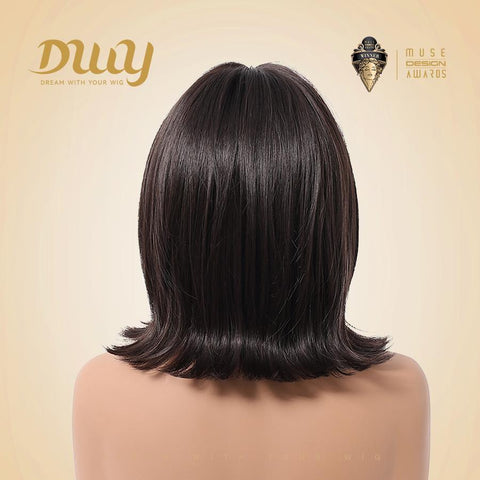 Suki-DWY 12-Inch Glueless Synthetic Wig - Short Reverse Bob with Blunt Bangs in Dark Brown