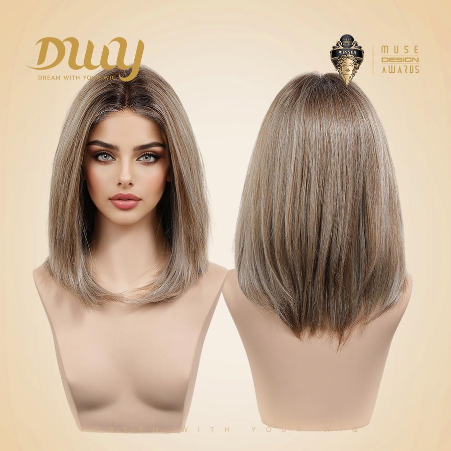 Halzey-DWY Pre cut U part Diamond Lace Icy Bronde Highlights Scandi Hairline BOB Glueless Synthetic Wig 15 Inch