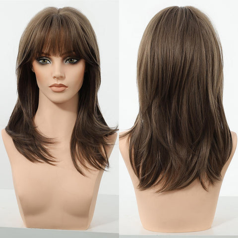 【New in】Ember- 18-Inch MiraScalp Mid-Length Straight Grey Black Wig with Highlights and Bangs