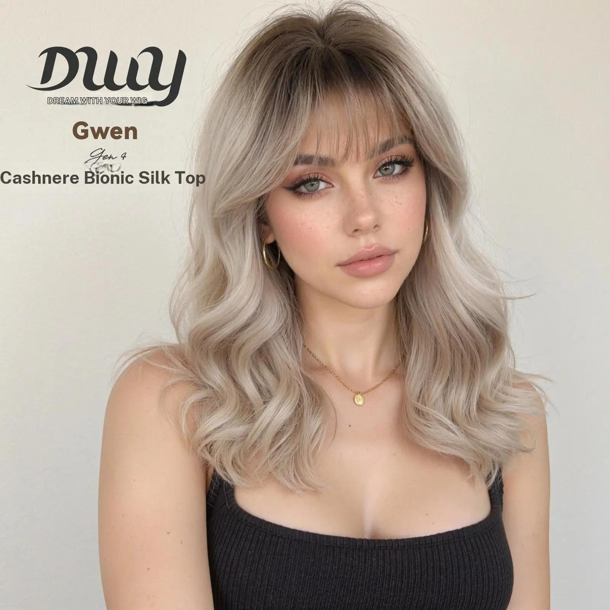 Gwen NEW CRAFT! [GEN4 cashmere Bionic Silky Top] 18 Inch Long Feathered Layerst Blonde With Dark Roots Glueless Synthetic Wig with Bangs for Women High Quality soft texture Easy Wear Comfortable Fit
