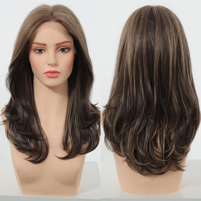 Lainey H-NEW COLOR DWY 13×4 Free Parting Hand -Tied Top Middle Length Light Brown with Highlights  Glueless Synthetic Wig