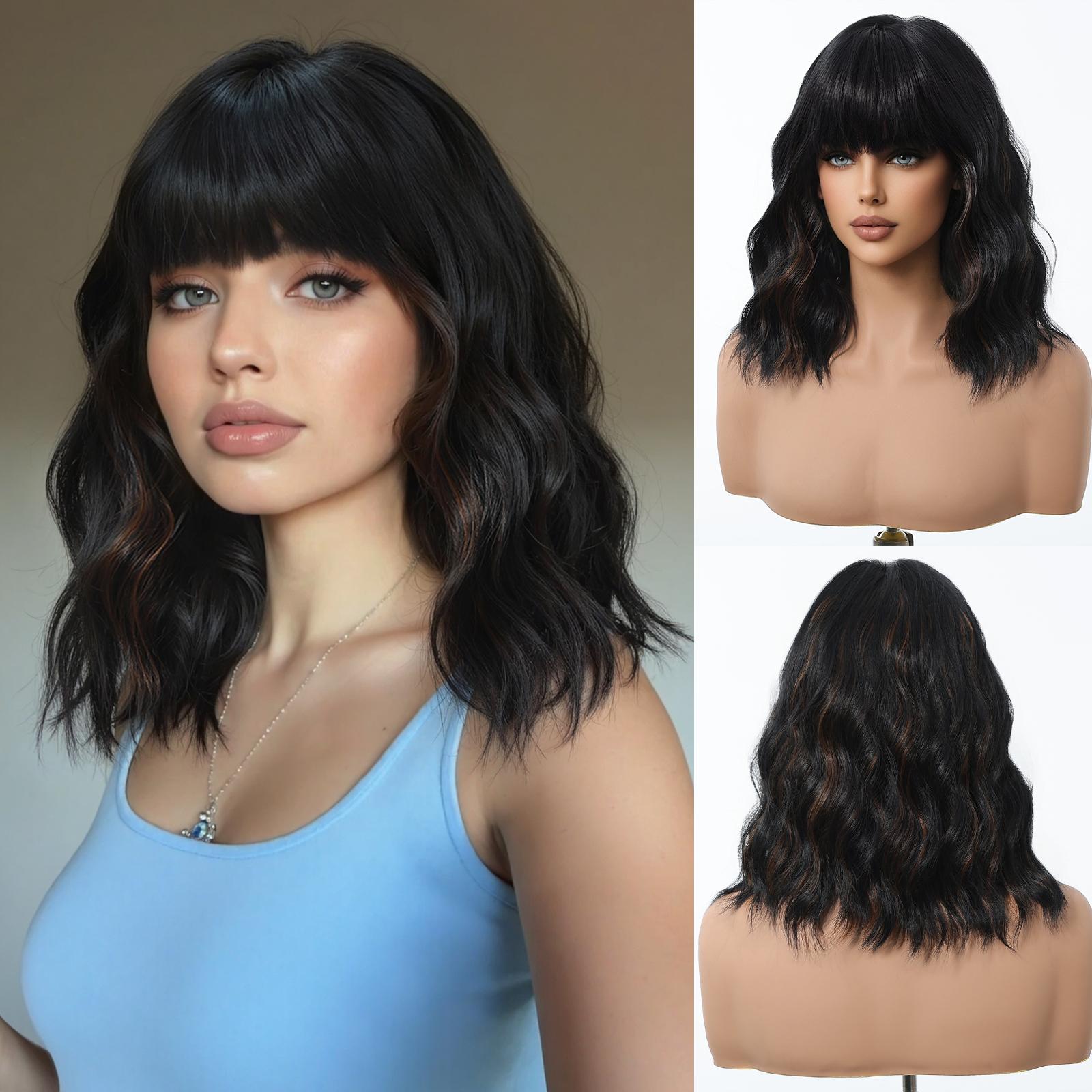 Aine-DWY Short-length Water Wave Glueless Synthetic Wig for Women 14 Inches