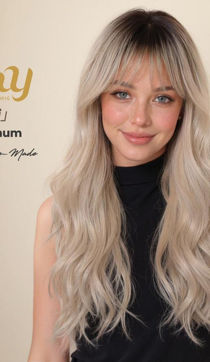 A medium shot photograph of a smiling woman modeling a long, wavy, icy platinum blonde wig with a dark root and curtain bangs. She is positioned slightly to the right against a plain beige studio background. In the upper left corner, there is gold text branding that reads "Diiy" above "DREAM WITH YOUR WIG", and below that, "「Loni」", "Icy Platinum", and "Gen1 Machine-Made". She wears a black sleeveless top. The image has soft, even lighting.