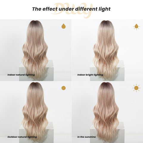 【New in】Astraea- DWY 28-Inch Pink Blonde Long Wave Synthetic Wig with Free Parting