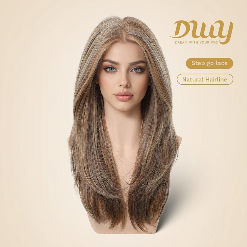 Serein -DWY NEW Step Go Lace Free Part Long-Length Layered Caramel Brown Balayage Glueless Mixed Japanese Fiber Wig for Women 22 Inches