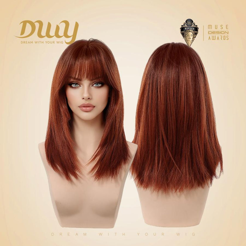[Festival Limited]Ariel-DWY Mid-length Copper Ginger Butterfly Lob with Bangs Glueless Synthetic Wig for Women 16 Inches