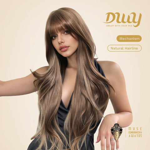 Elara-DWY Long-length Wave Tea Brown Big Scalp Area Glueless Synthetic Wig