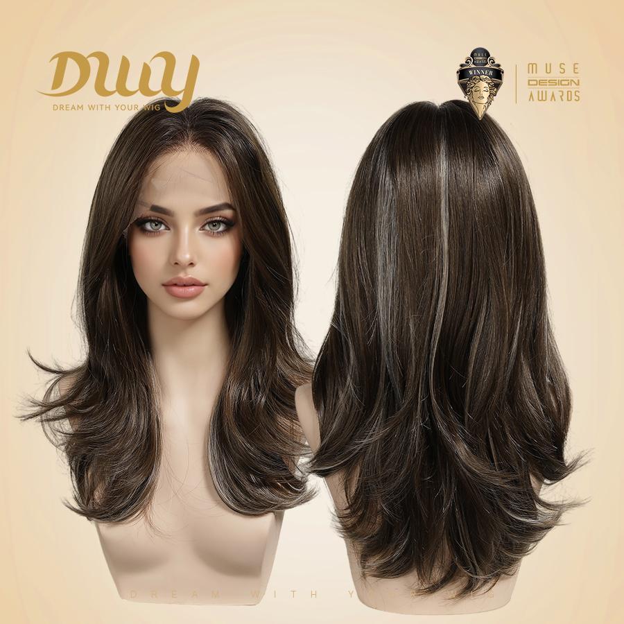 [LIMITED SALE] Liv- DWY 13×6 Lace Front Free Part Mid-Length Feather-cut Dark Ash Brown Glueless Synthetic Wig for Women 20 Inches Large Area Lace Wig