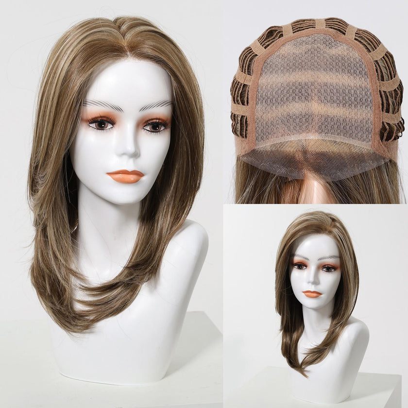 Addison-DWY 16-Inch Glueless Skin Weft Mono Lace Front Synthetic Wig - Mid-Length Brown with Highlights